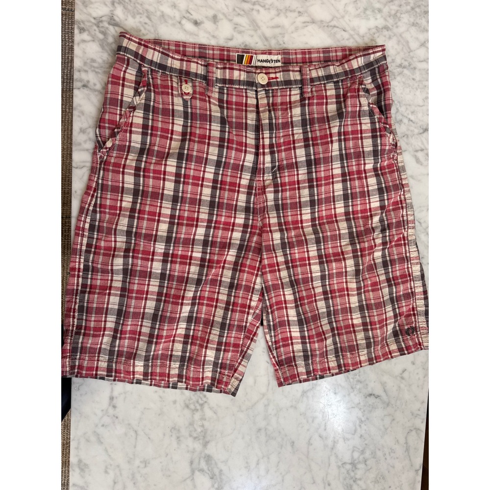 Hang Ten Mens Plaid Shorts Red White Grey Cotton Size 34 Embroidered Logo Surf
